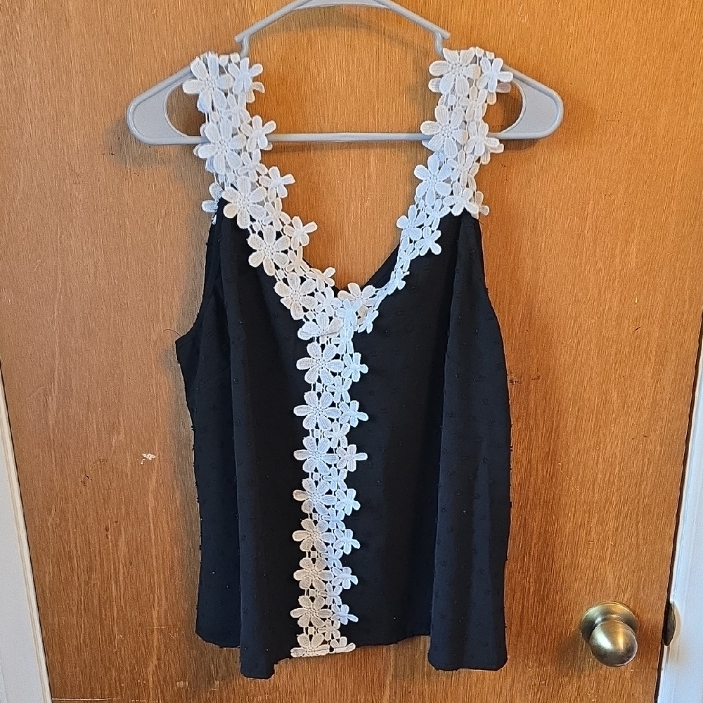SHEIN Black Tank Top with White Floral Lace Trim